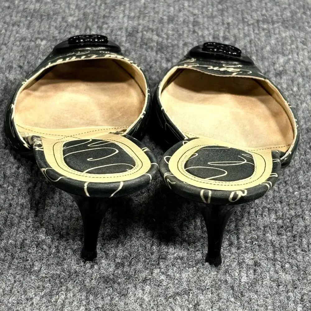 Vintage Chanel Shoes Womens 6 EU 36 Black Cruise Script Print Kitten Heel Mules